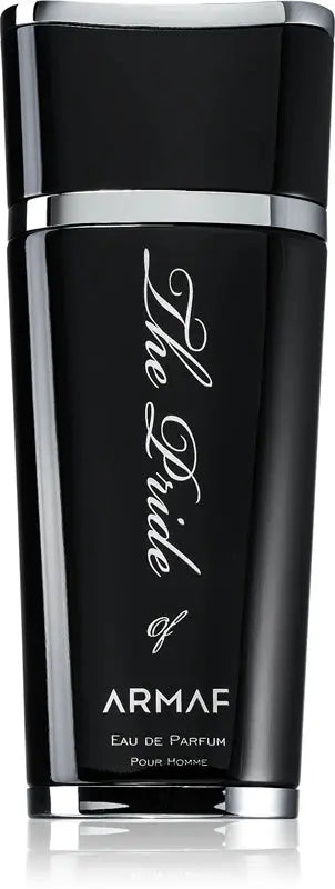 Black Armaf perfume bottle with silver accents on a white background