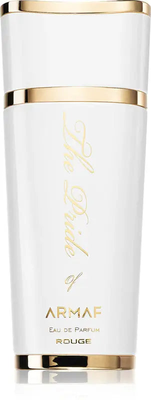White and gold Armaf perfume bottle on a white background