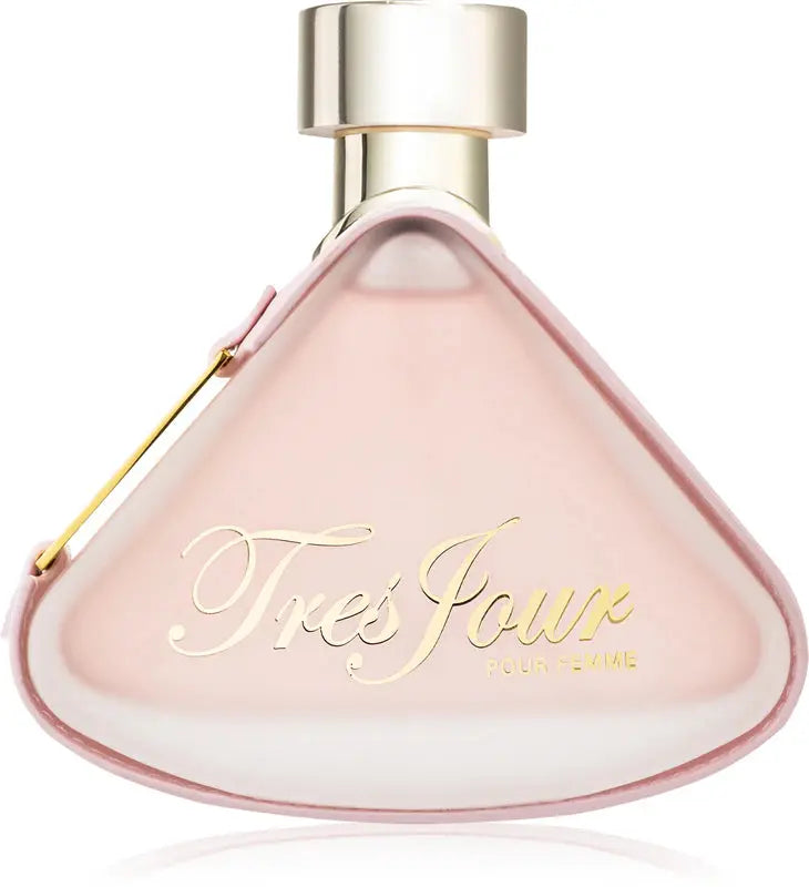 Perfume bottle with 'Tres Jour' text on a white background