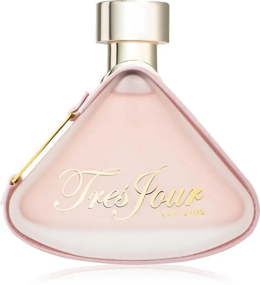Perfume bottle with 'Tres Jour' text on a white background