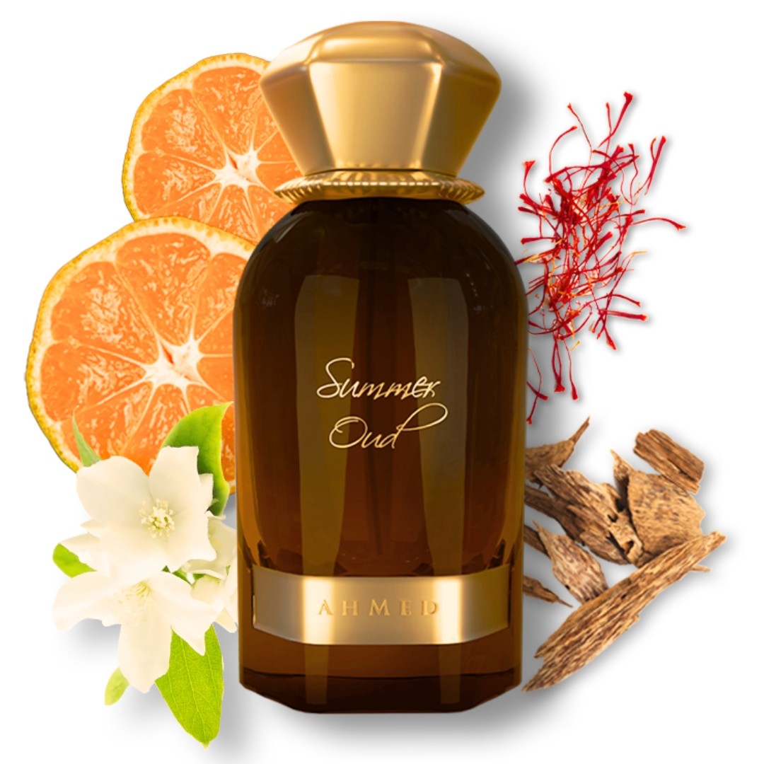 Perfume bottle labeled 'Summer Oud' by AHMED with orange slices, saffron, and spices on a white background