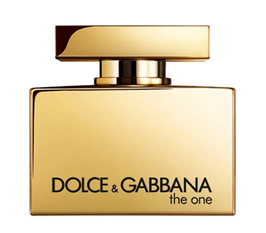 Dolce & Gabbana perfume bottle with gold cap and case on a white background