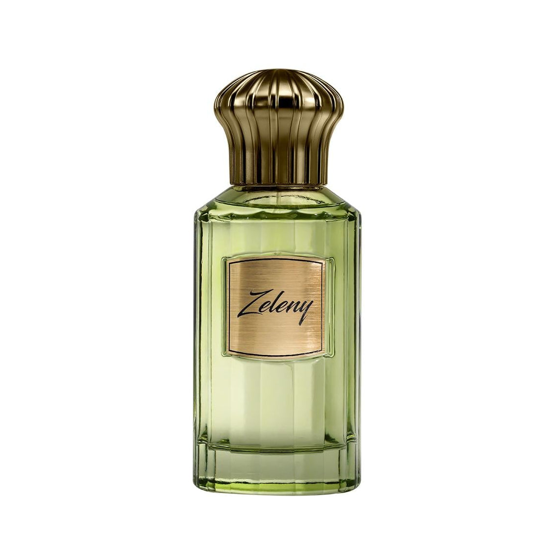Ahmed Al Maghribi Zeleny Green perfume bottle with gold cap on a white background
