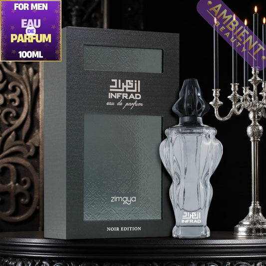 Zimaya Infrad perfume bottle and packaging on a decorative background
