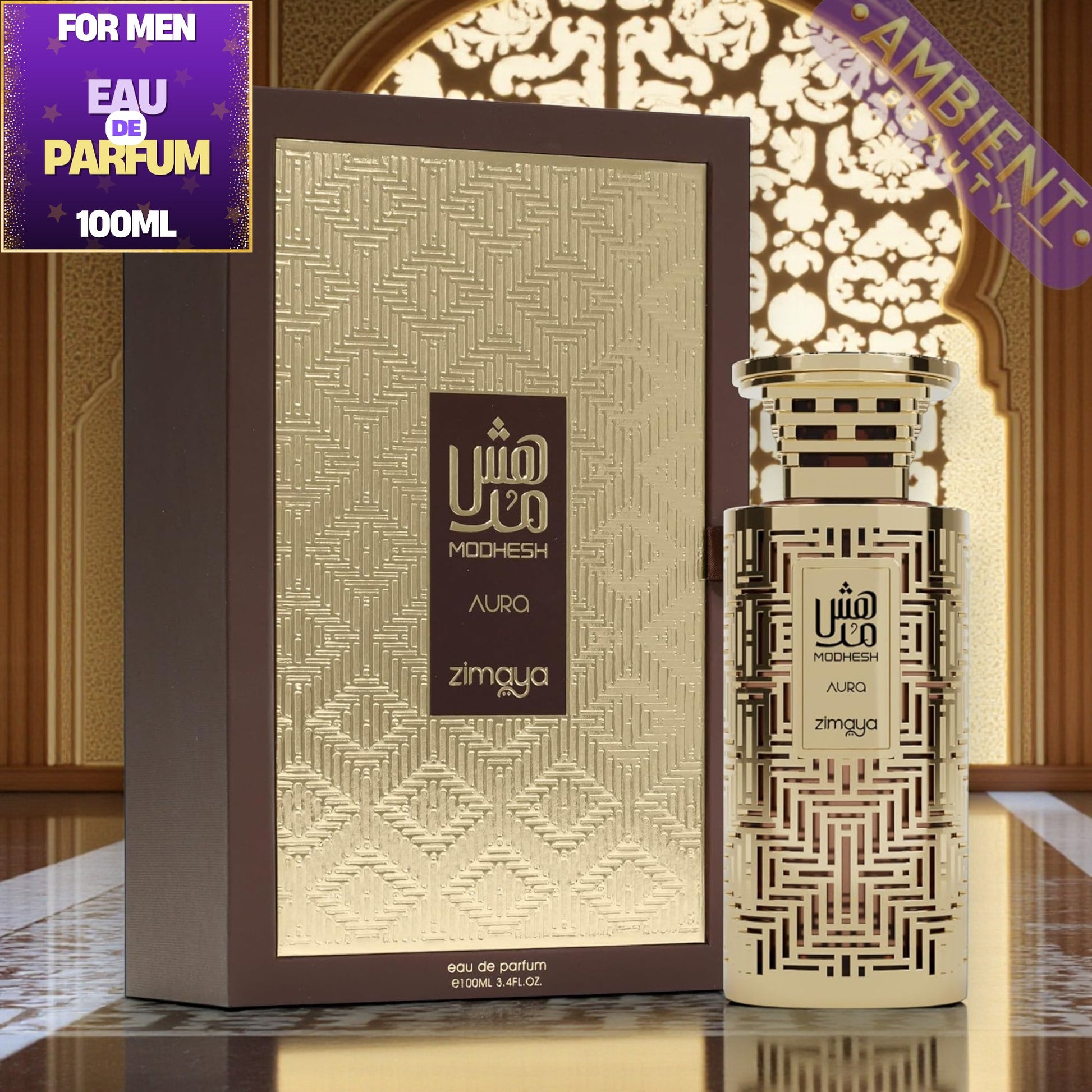Modhesh Aura Zimaya perfume bottle and packaging on a decorative background