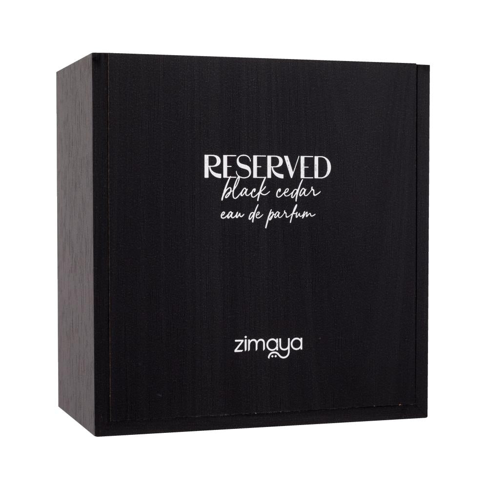 Black box of 'Reserved Black Cedar Eau de Parfum' by zimaya on a white background