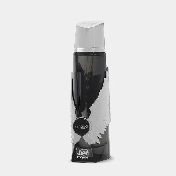 Black perfume bottle with silver cap on a white background