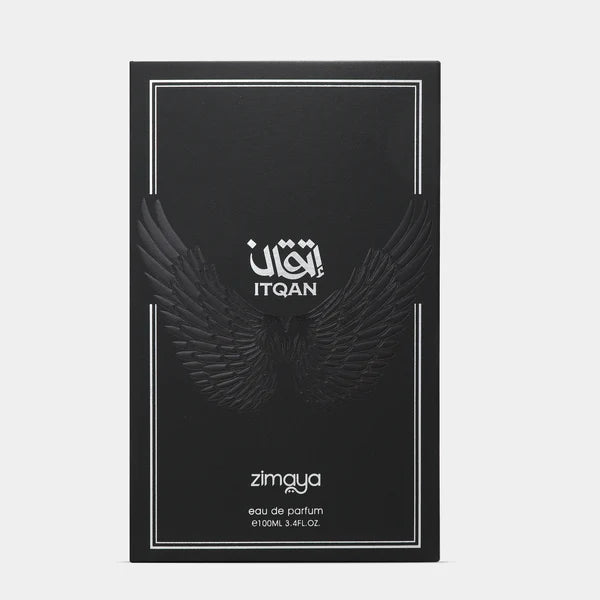 Black perfume packaging with 'ITQAN' branding on a white background